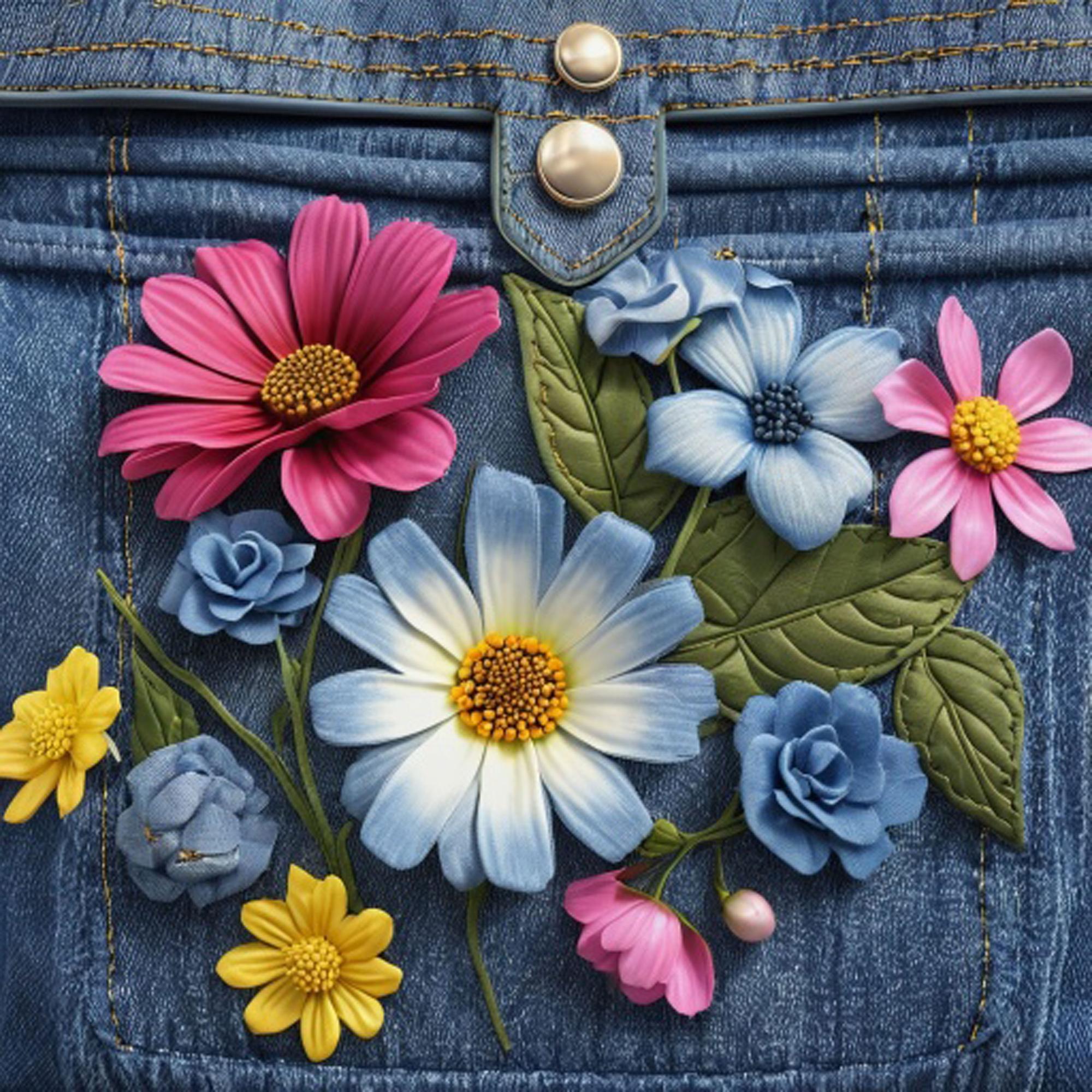 Hand-stitched floral patch on denim